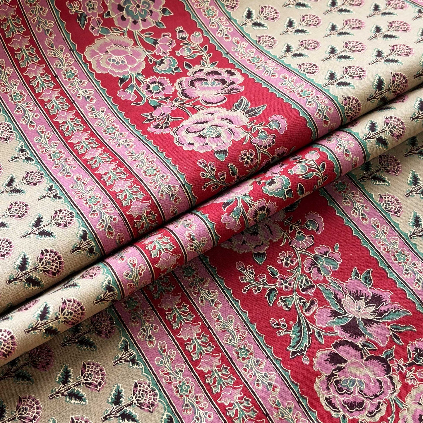 Red Floral Foil Print Cotton Fabric PB-23774