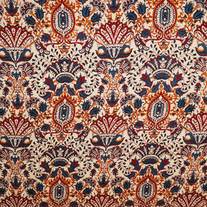 Beige & Blue Bagru Print Cotton Satin Fabric SCF-24192
