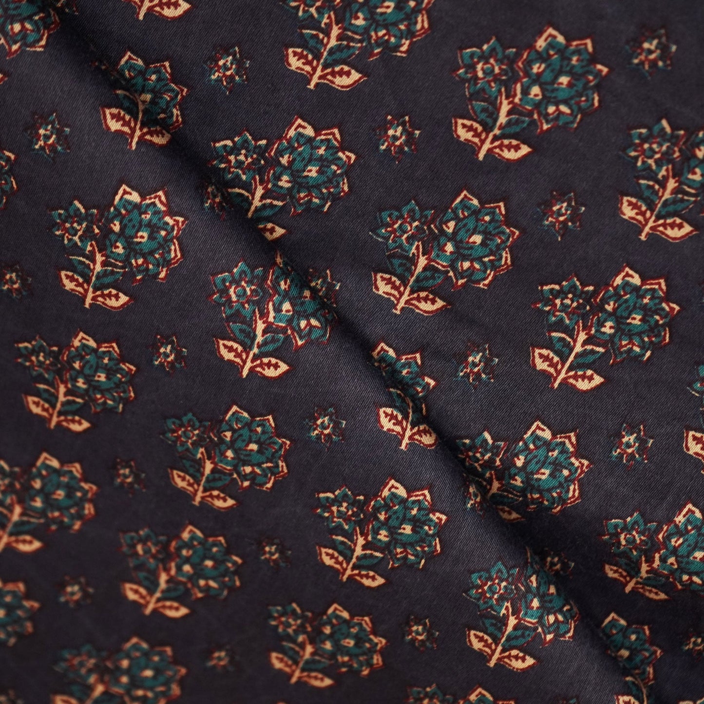 Navy Blue Floral Bagru Print Cotton Satin Fabric SCF-24194