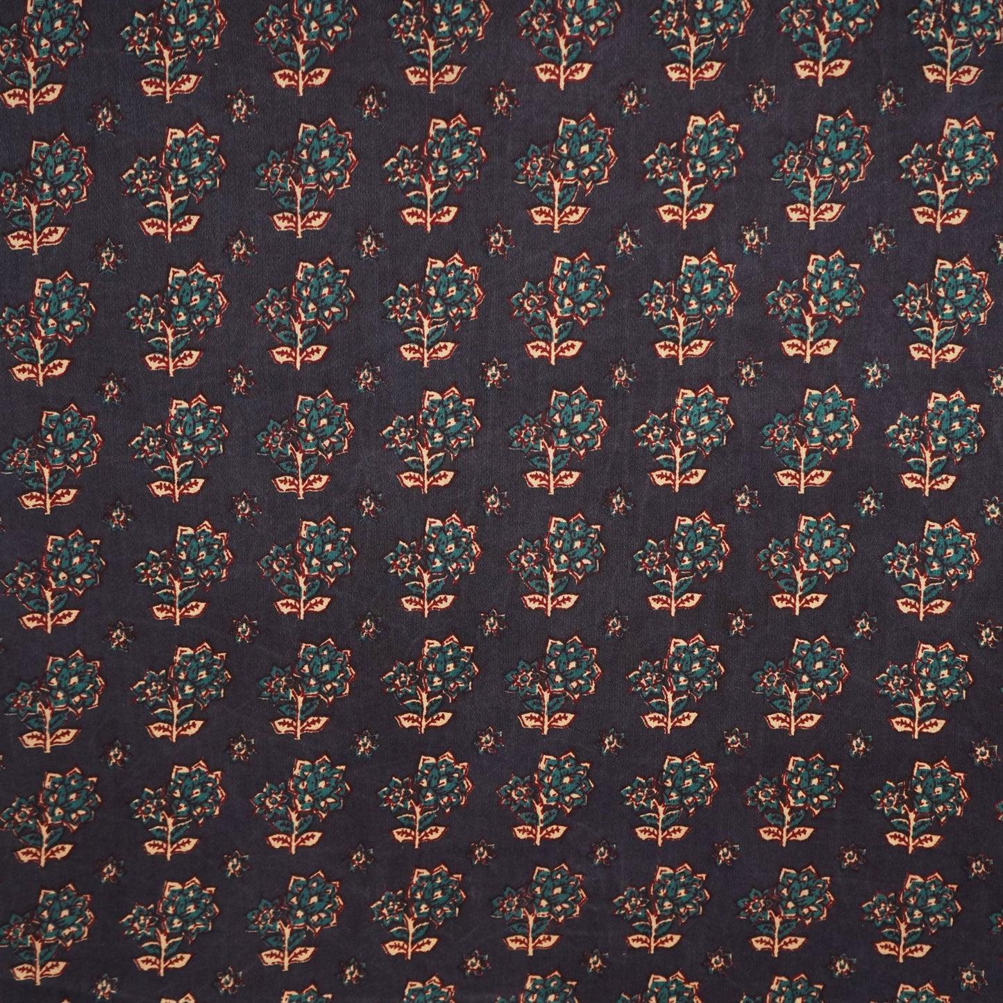 Navy Blue Floral Bagru Print Cotton Satin Fabric SCF-24194