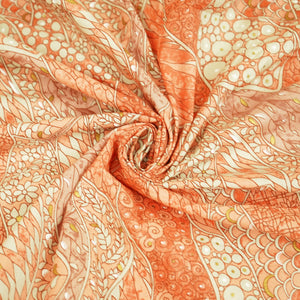 Orange Floral Foil Print Cotton Fabric HP-24254