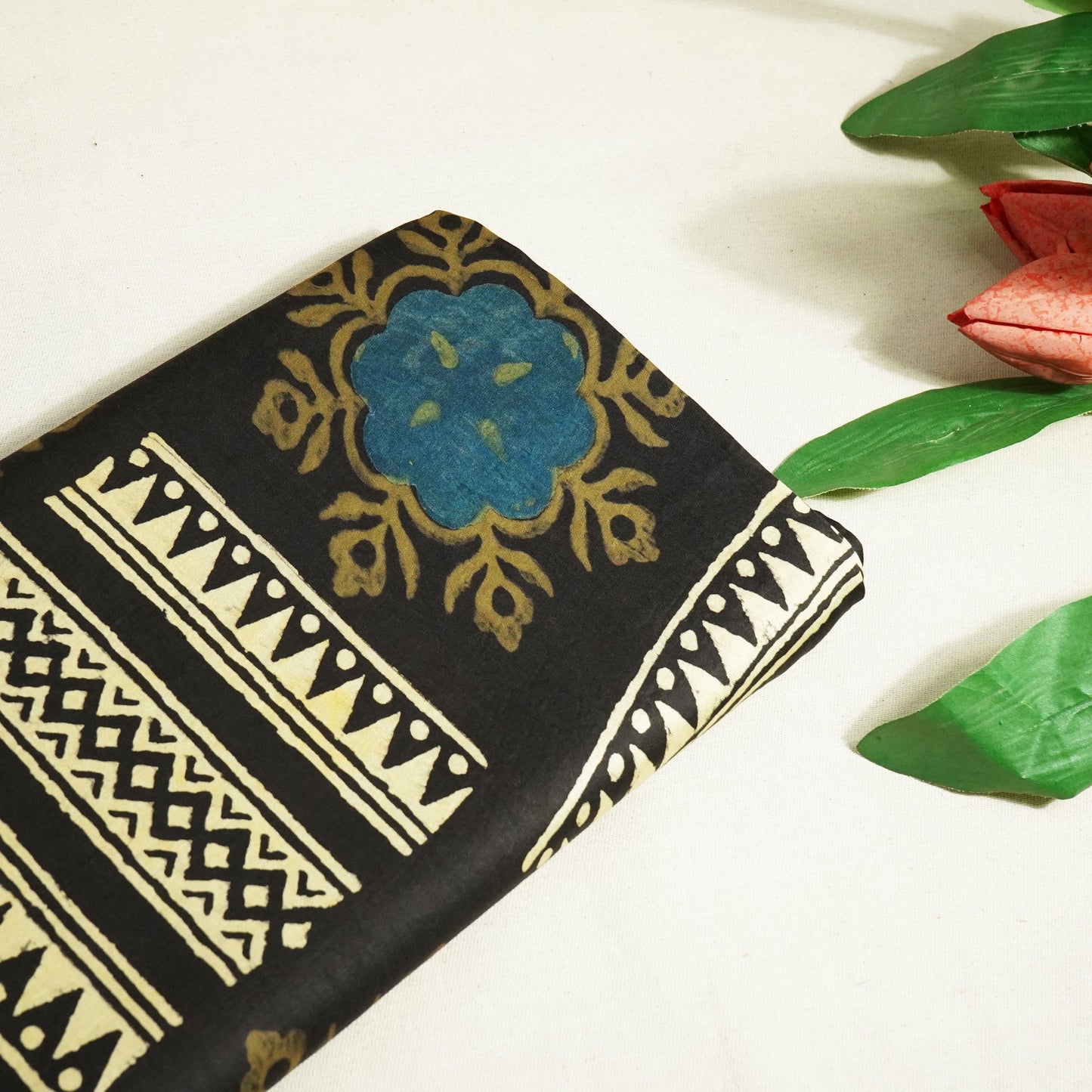 Black & Cream Abstract Ajrakh Print Modal Satin Fabric ASK-24328