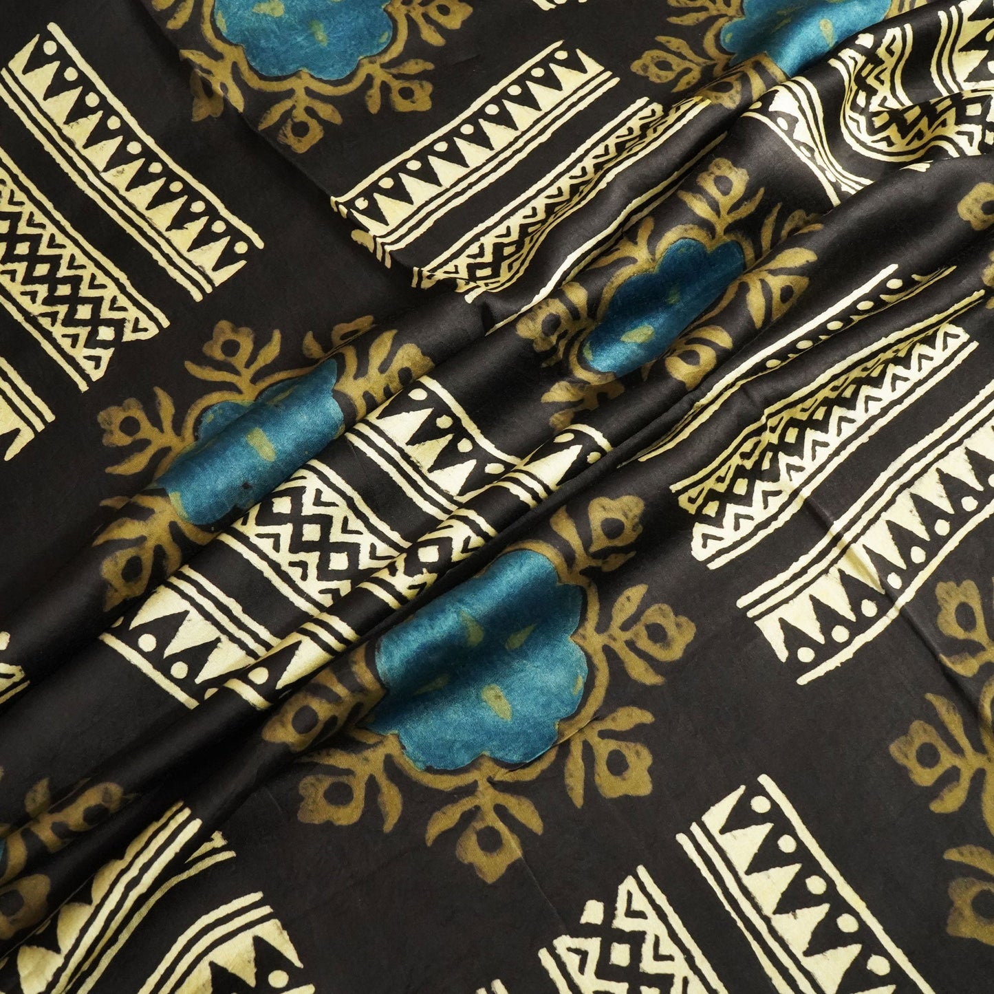 Black & Cream Abstract Ajrakh Print Modal Satin Fabric ASK-24328