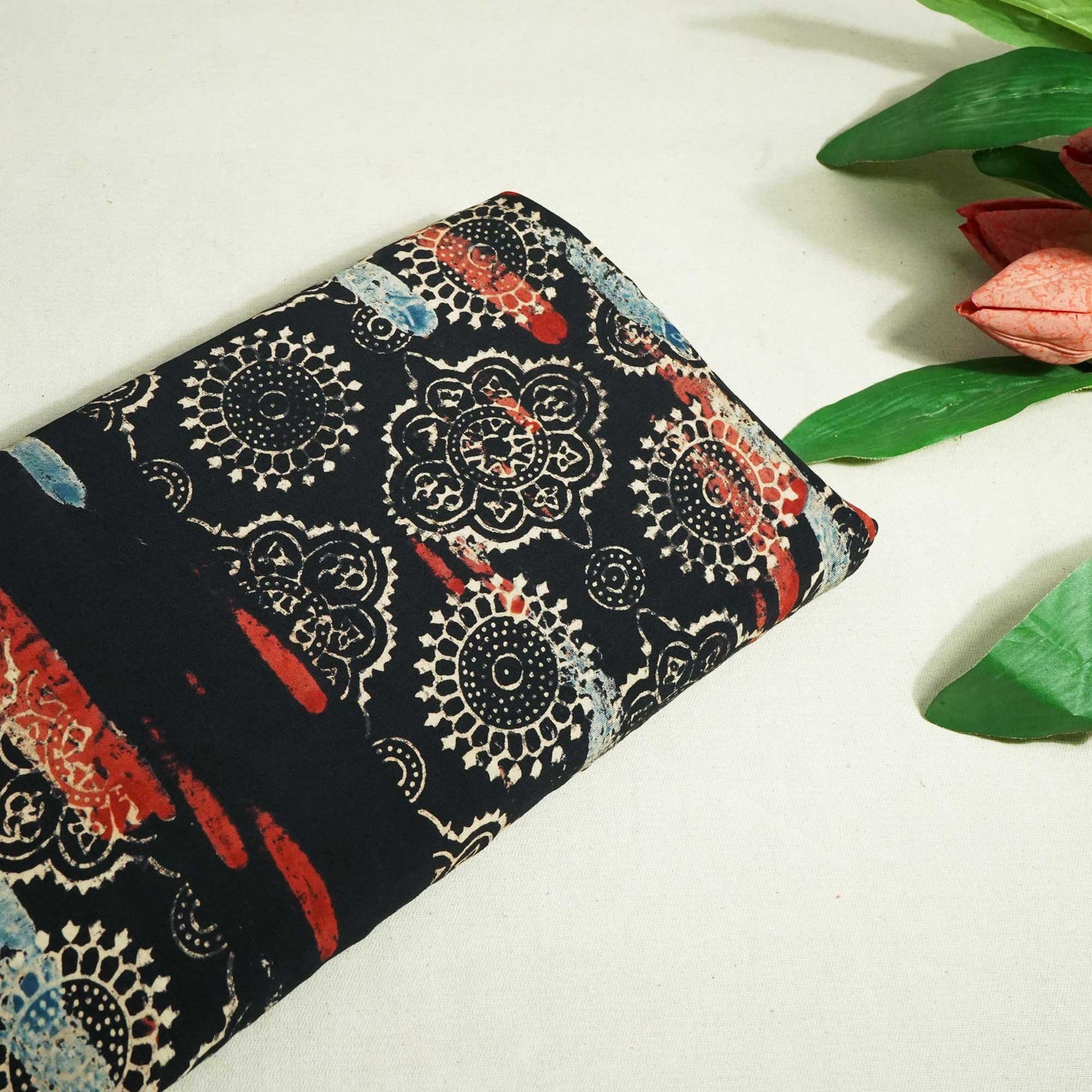 Black Abstract Ajrakh Print Modal Satin Fabric ASK-24343