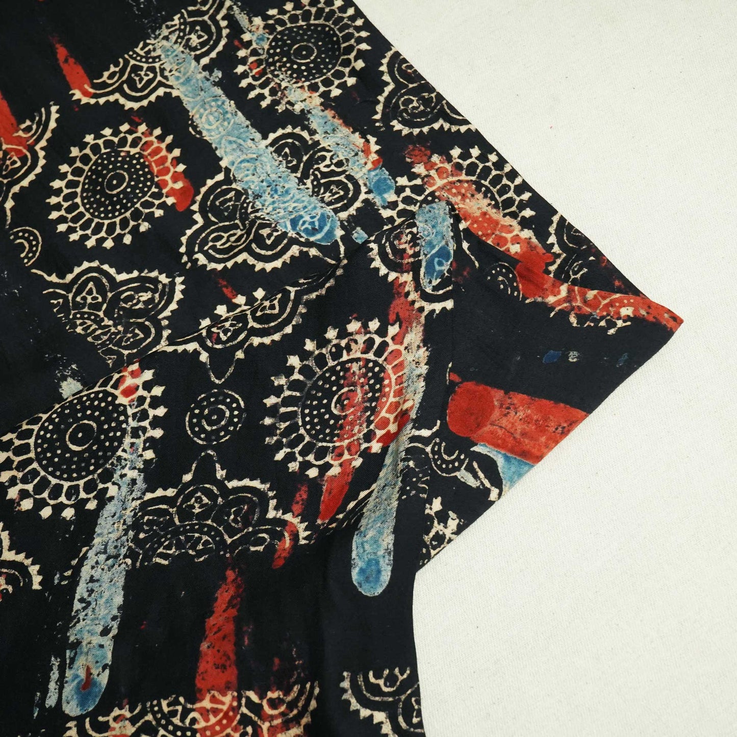 Black Abstract Ajrakh Print Modal Satin Fabric ASK-24343