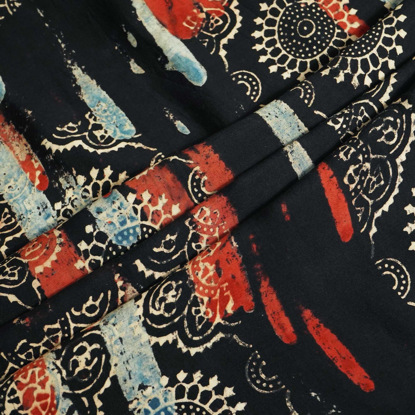 Black Abstract Ajrakh Print Modal Satin Fabric ASK-24343