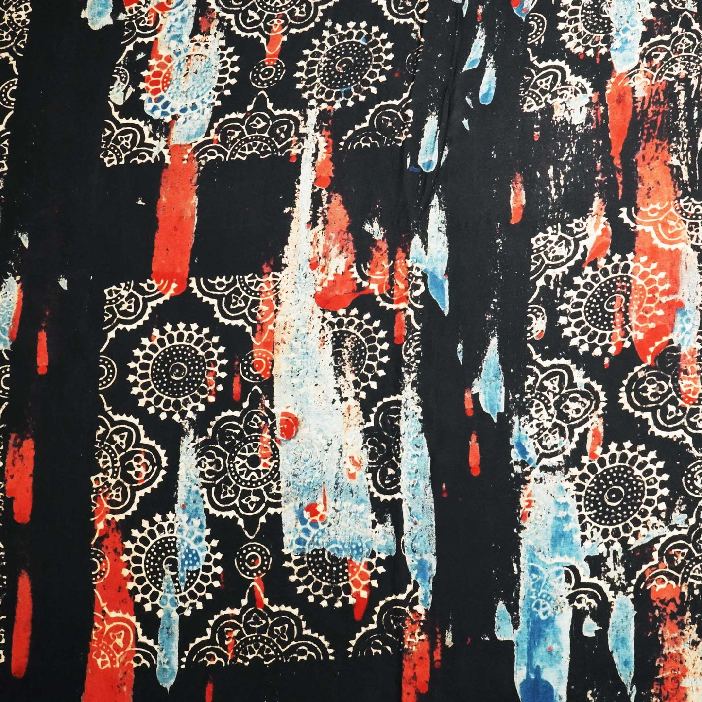 Black Abstract Ajrakh Print Modal Satin Fabric ASK-24343