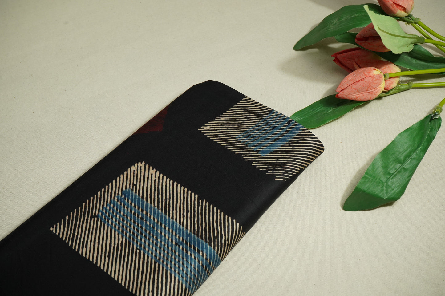 Black Abstract Ajrakh Print Modal Satin Fabric ASK-24346