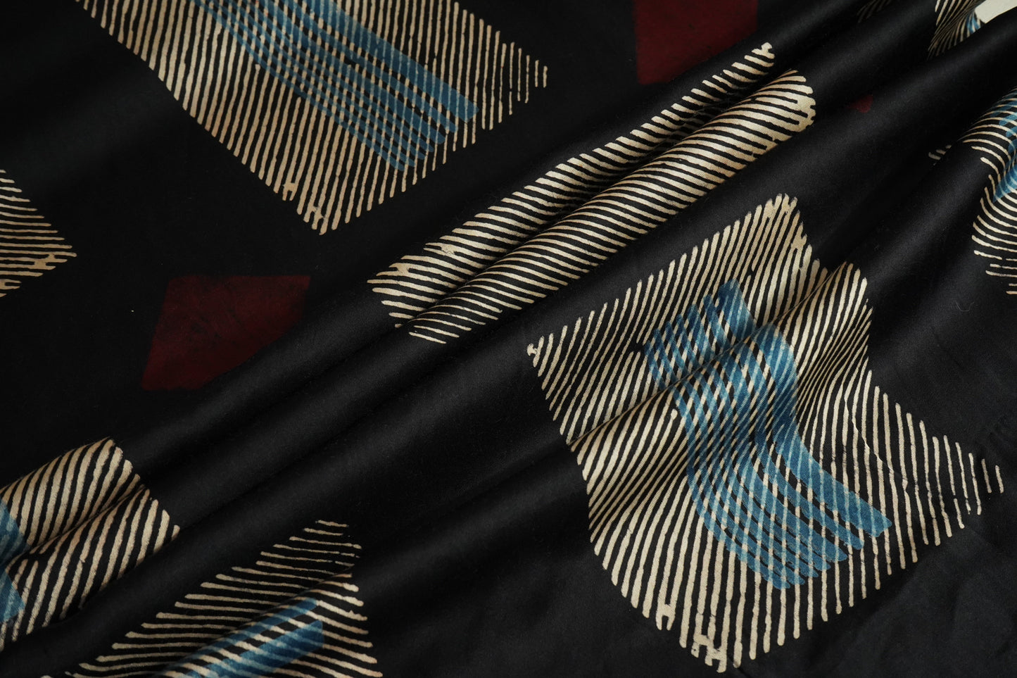 Black Abstract Ajrakh Print Modal Satin Fabric ASK-24346