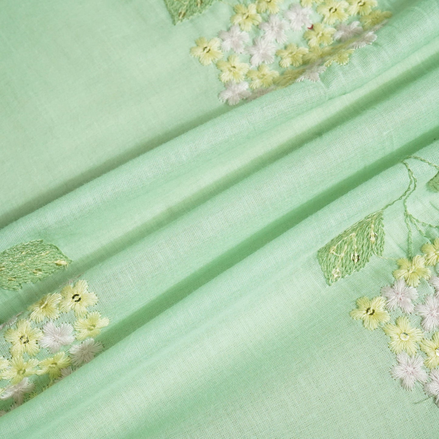 Sea Green Sequins Thread Embroidery Chanderi Fabric WI-24490