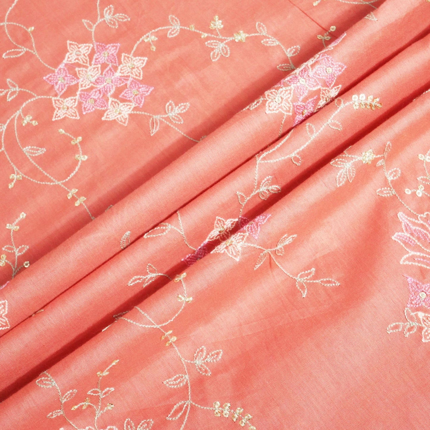 Brick Red Sequins Thread Embroidery Chanderi Fabric WI-24493