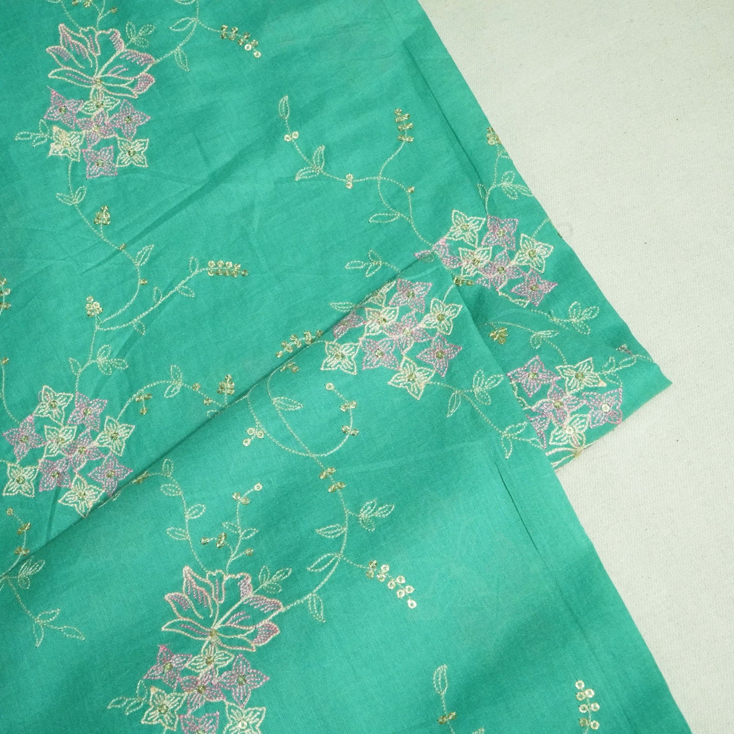 Sea Green Sequins Thread Embroidery Chanderi Fabric WI-24496