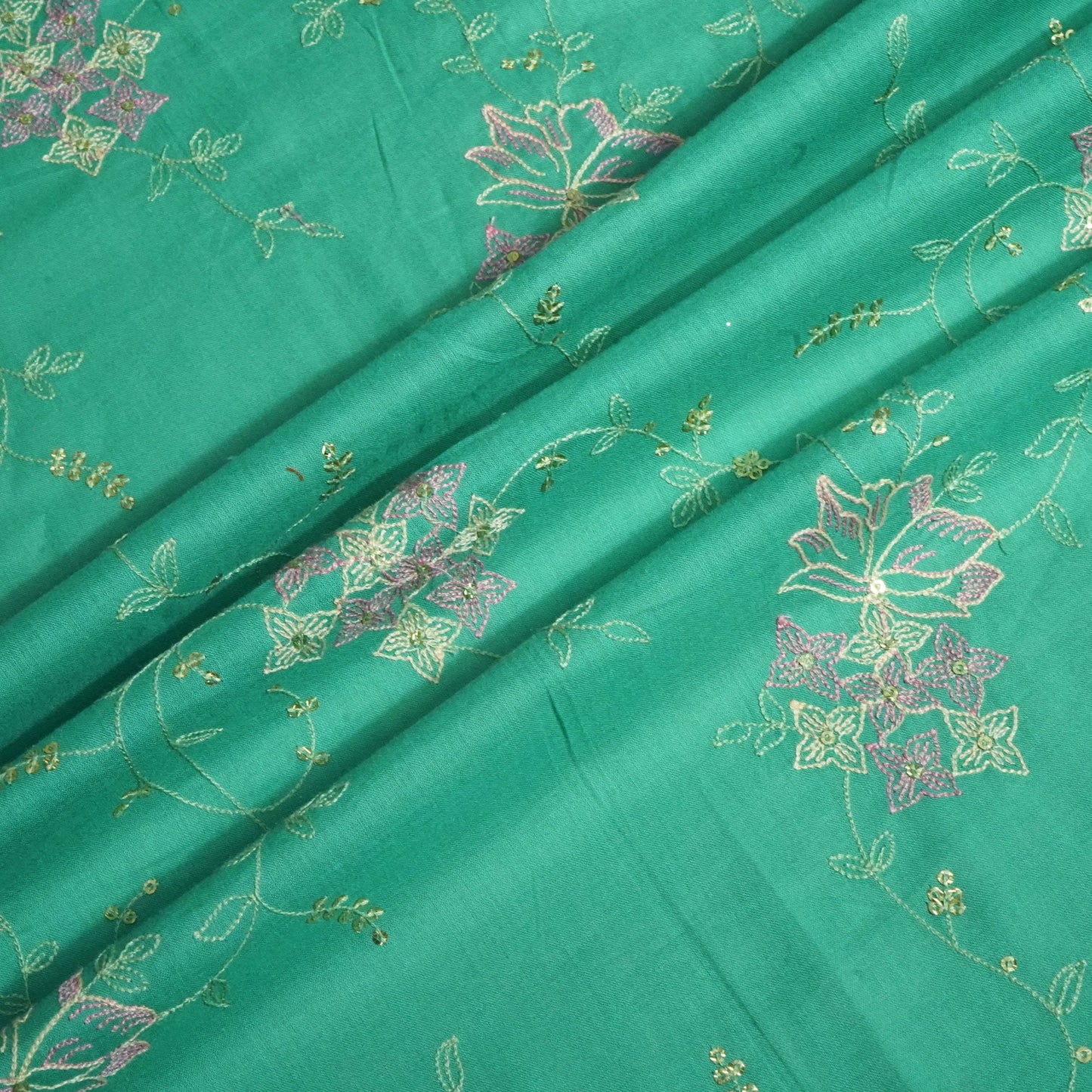 Sea Green Sequins Thread Embroidery Chanderi Fabric WI-24496