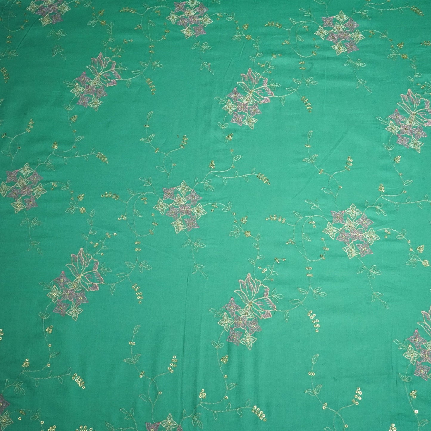 Sea Green Sequins Thread Embroidery Chanderi Fabric WI-24496