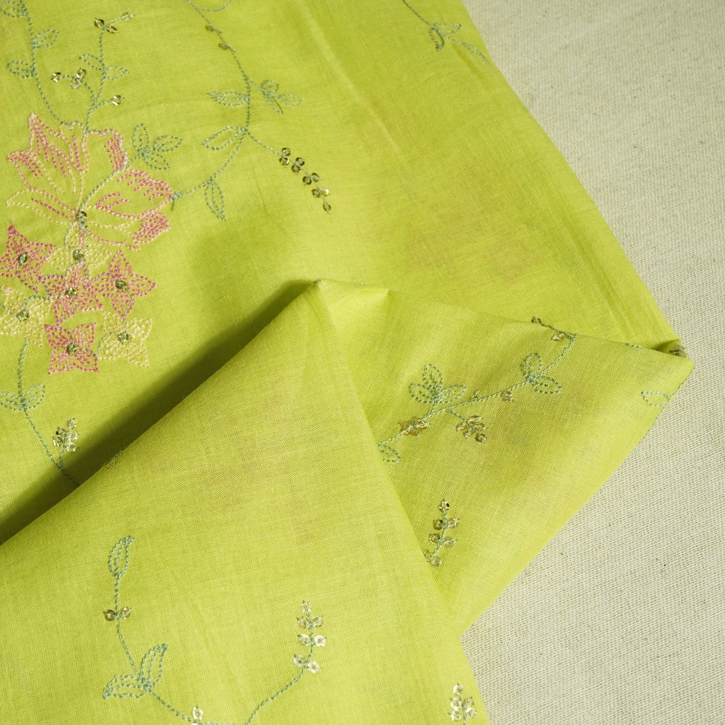 Parrot Green Sequins Thread Embroidery Chanderi Fabric WI-24497