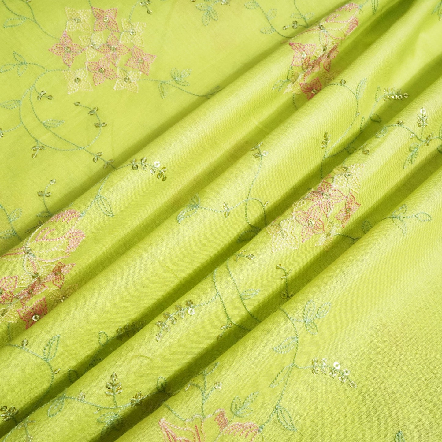 Parrot Green Sequins Thread Embroidery Chanderi Fabric WI-24497