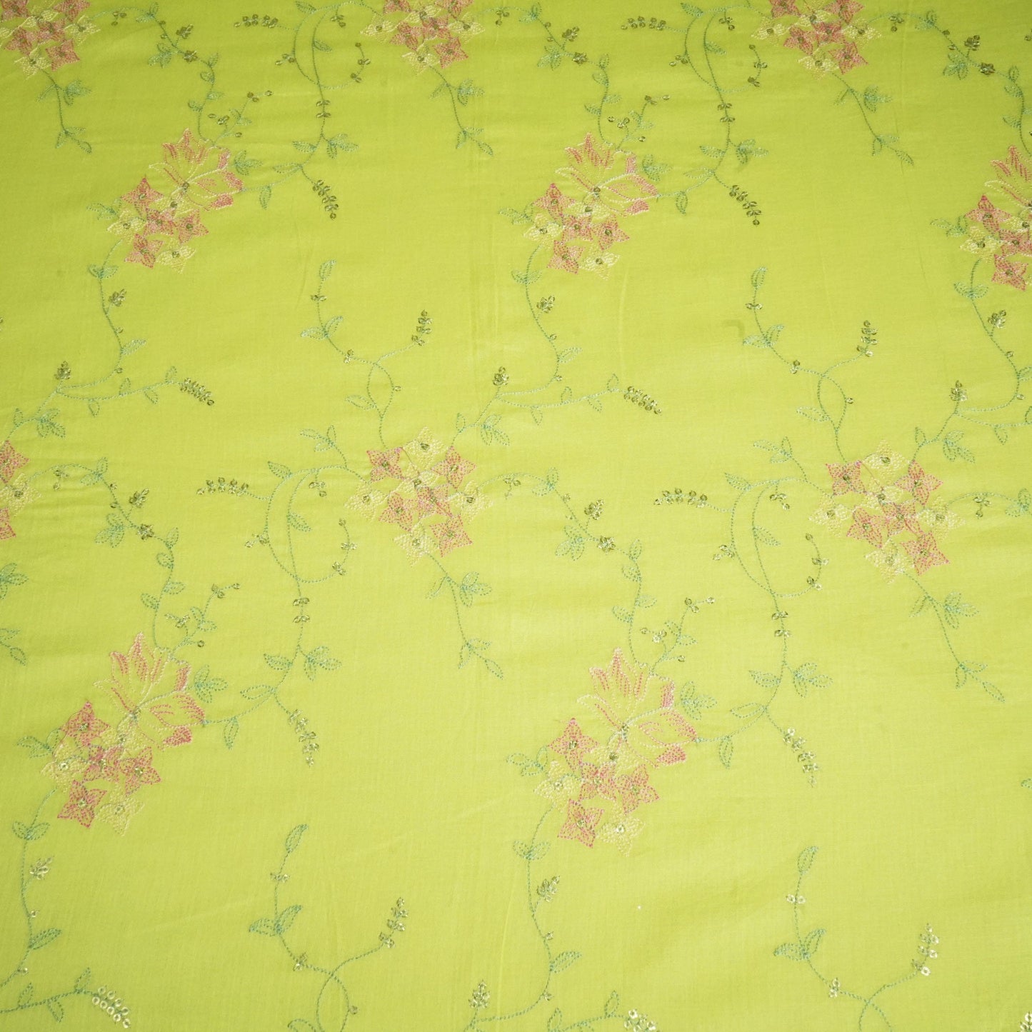 Parrot Green Sequins Thread Embroidery Chanderi Fabric WI-24497