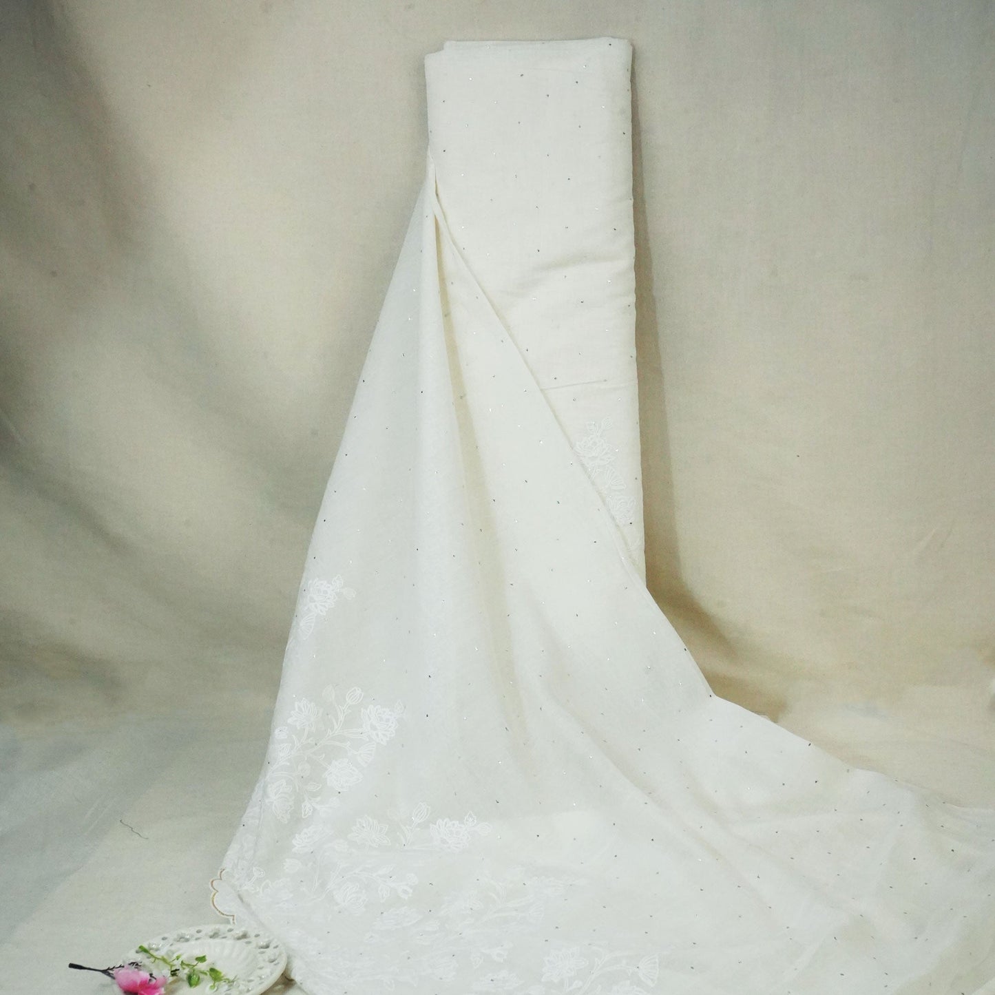 Off White Mukaish Work Thread Embroidery Chanderi Fabric SNS-24650