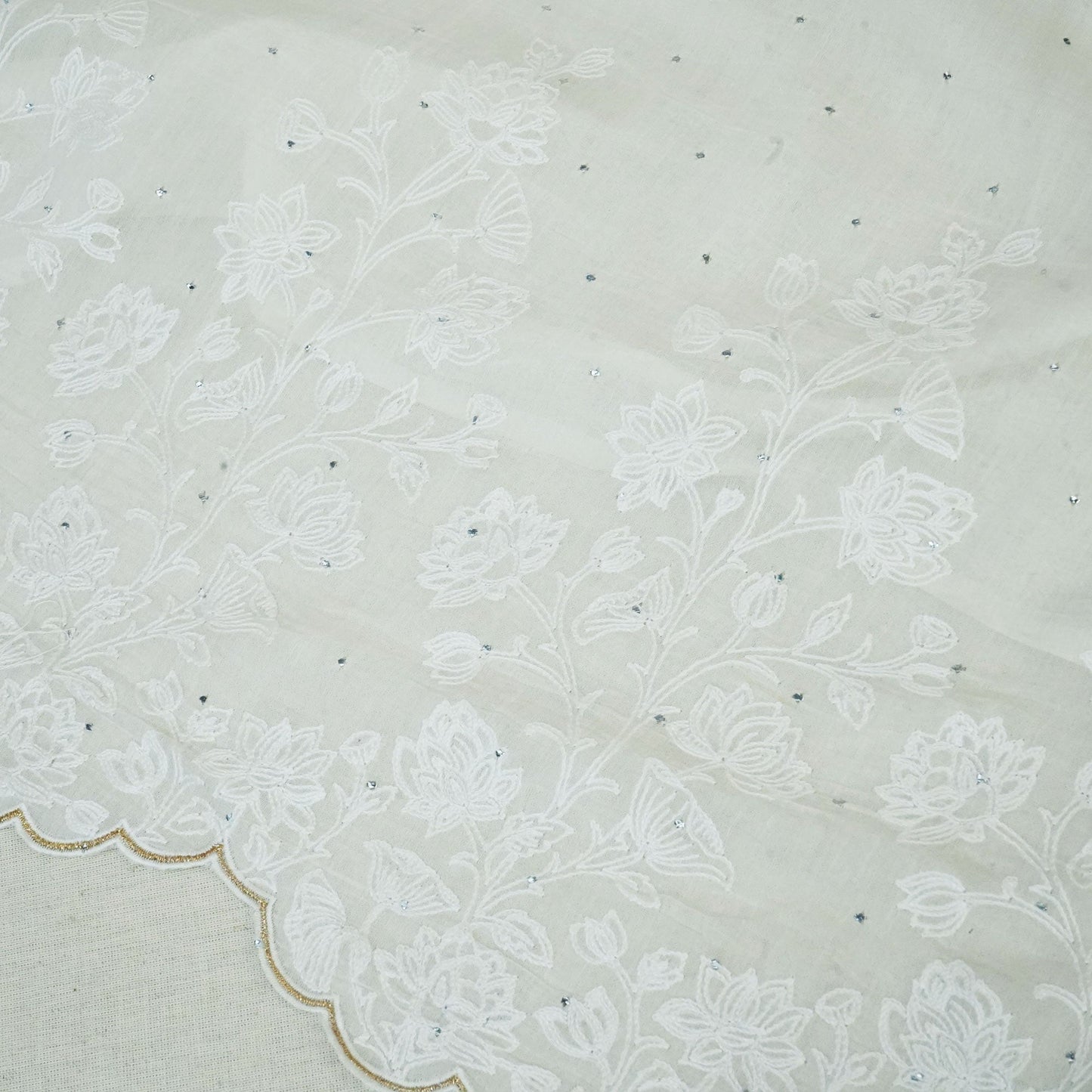 Off White Mukaish Work Thread Embroidery Chanderi Fabric SNS-24650