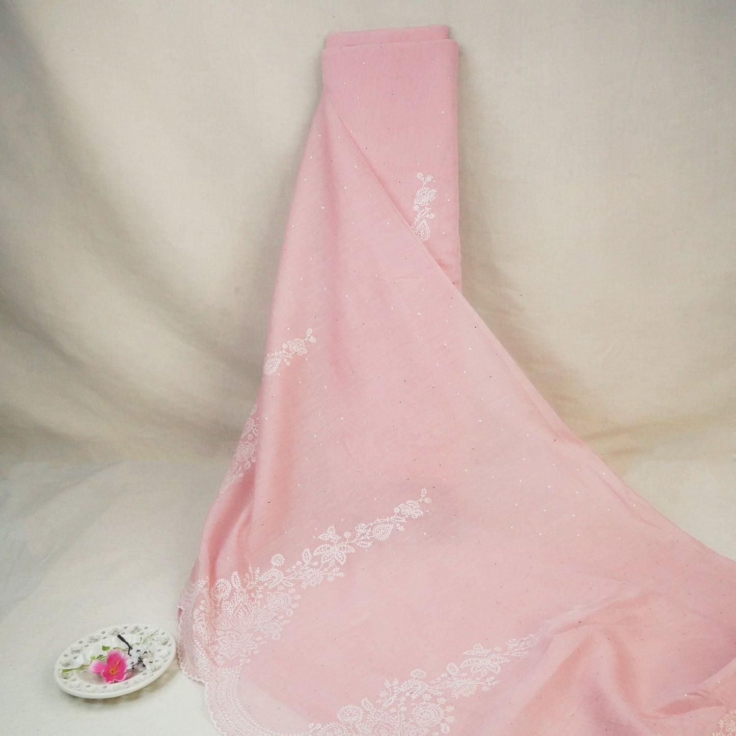 Peach Mukaish Work Thread Embroidery Chanderi Fabric SNS-24652