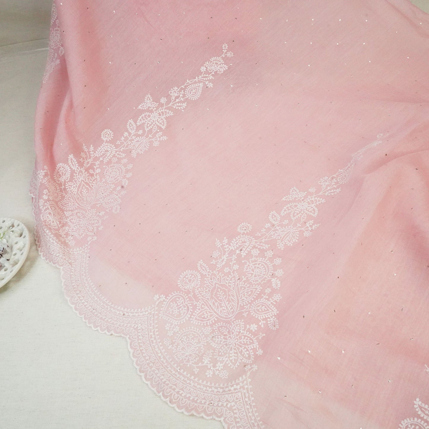 Peach Mukaish Work Thread Embroidery Chanderi Fabric SNS-24652