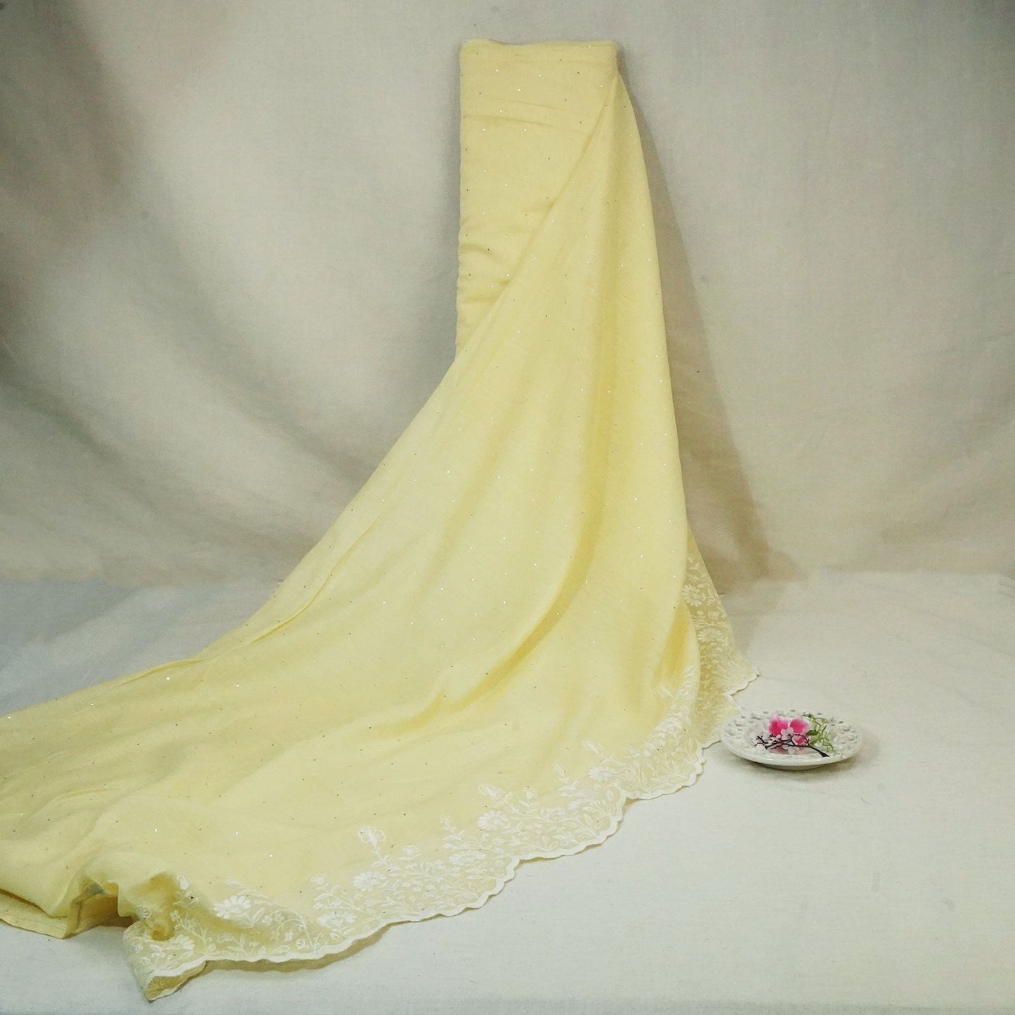 Light Yellow Mukaish Work Thread Embroidery Chanderi Fabric SNS-24653
