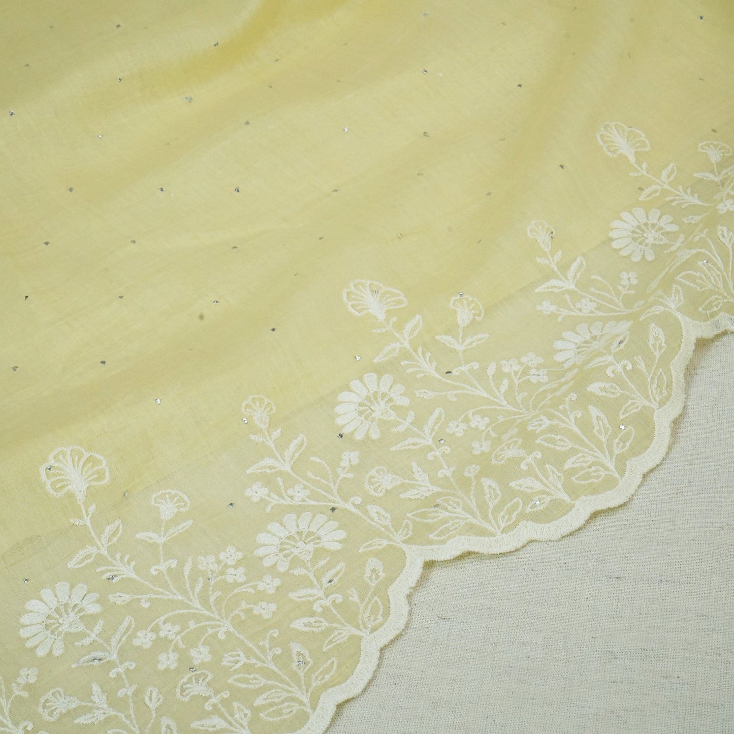 Light Yellow Mukaish Work Thread Embroidery Chanderi Fabric SNS-24653