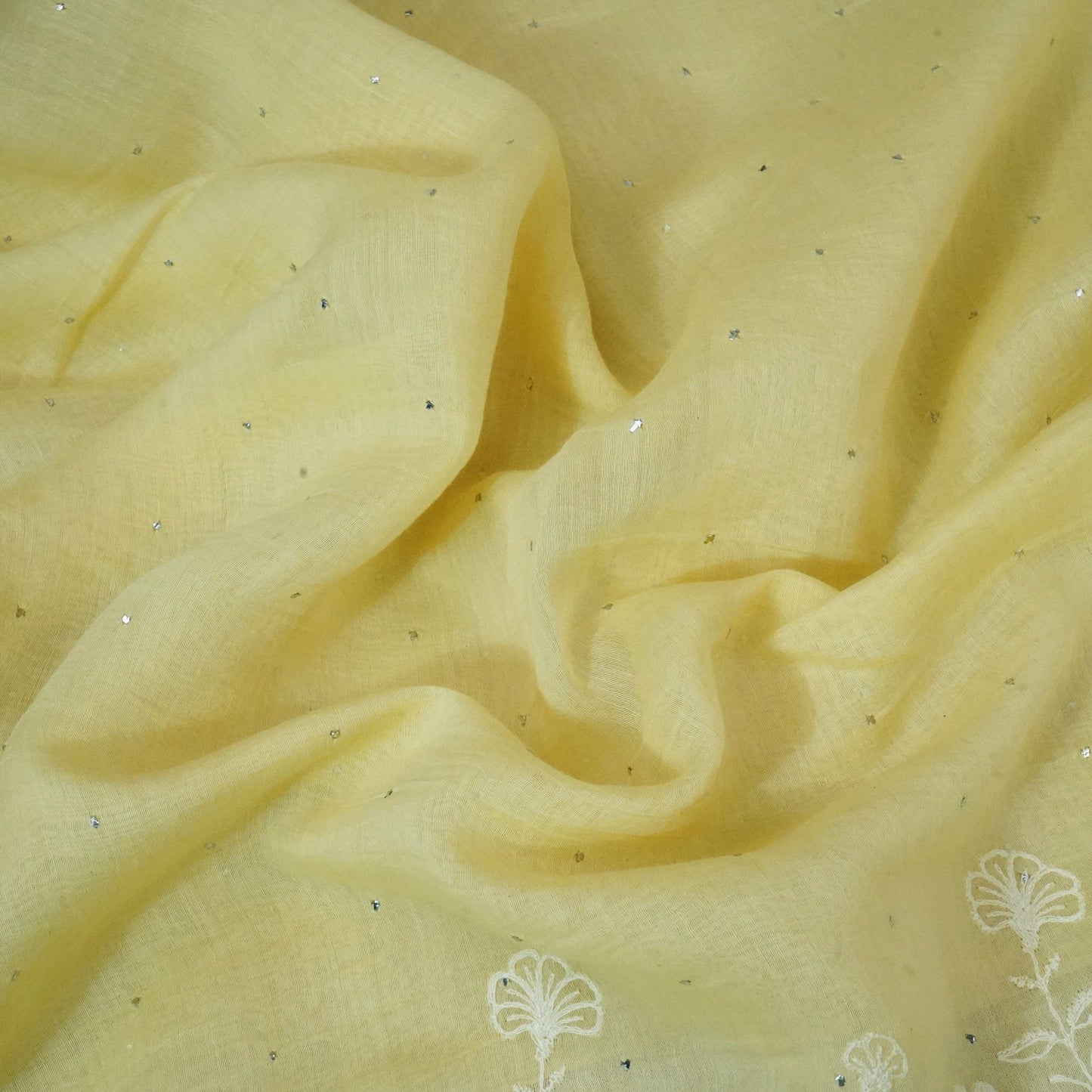 Light Yellow Mukaish Work Thread Embroidery Chanderi Fabric SNS-24653