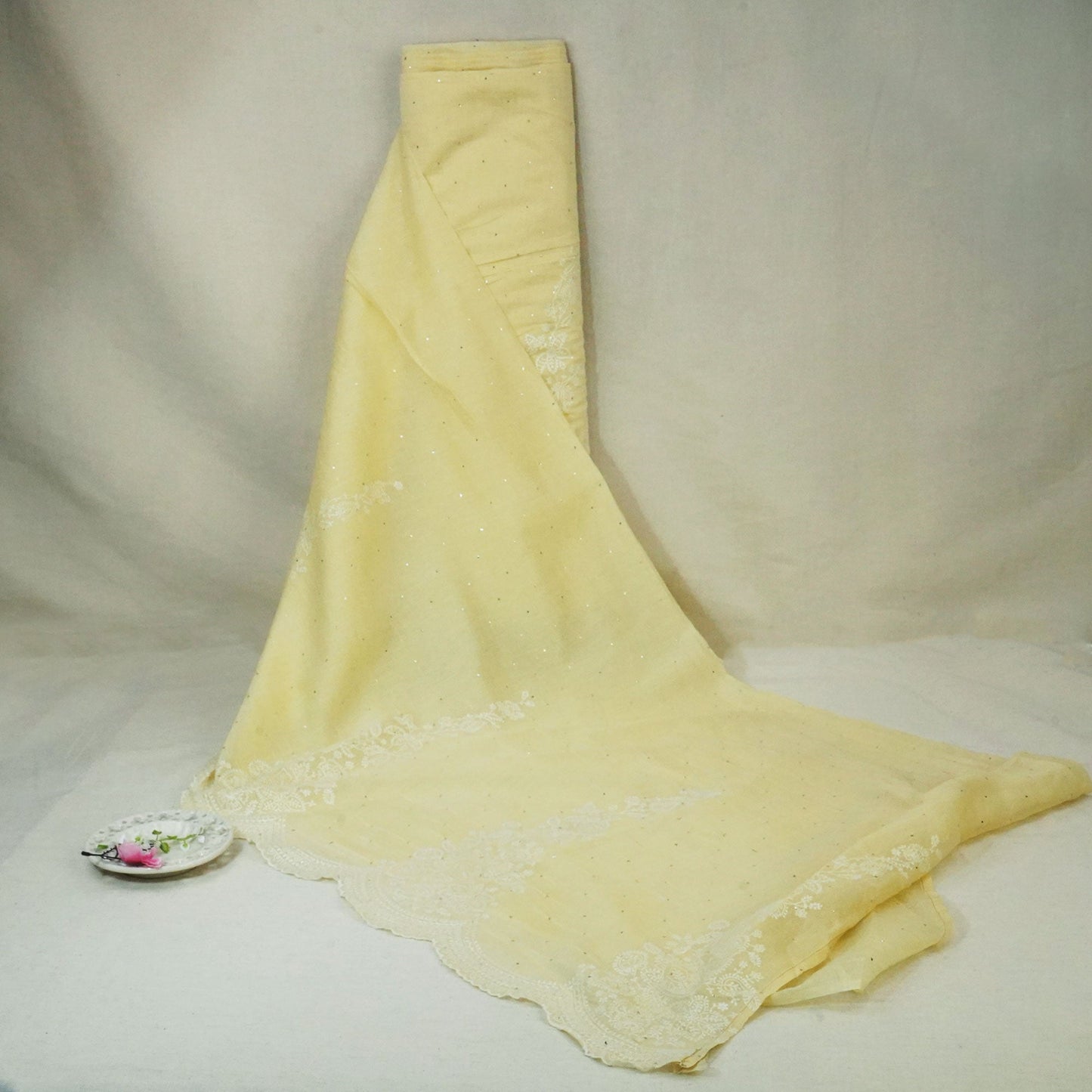 Light Yellow Mukaish Work Thread Embroidery Chanderi Fabric SNS-24654