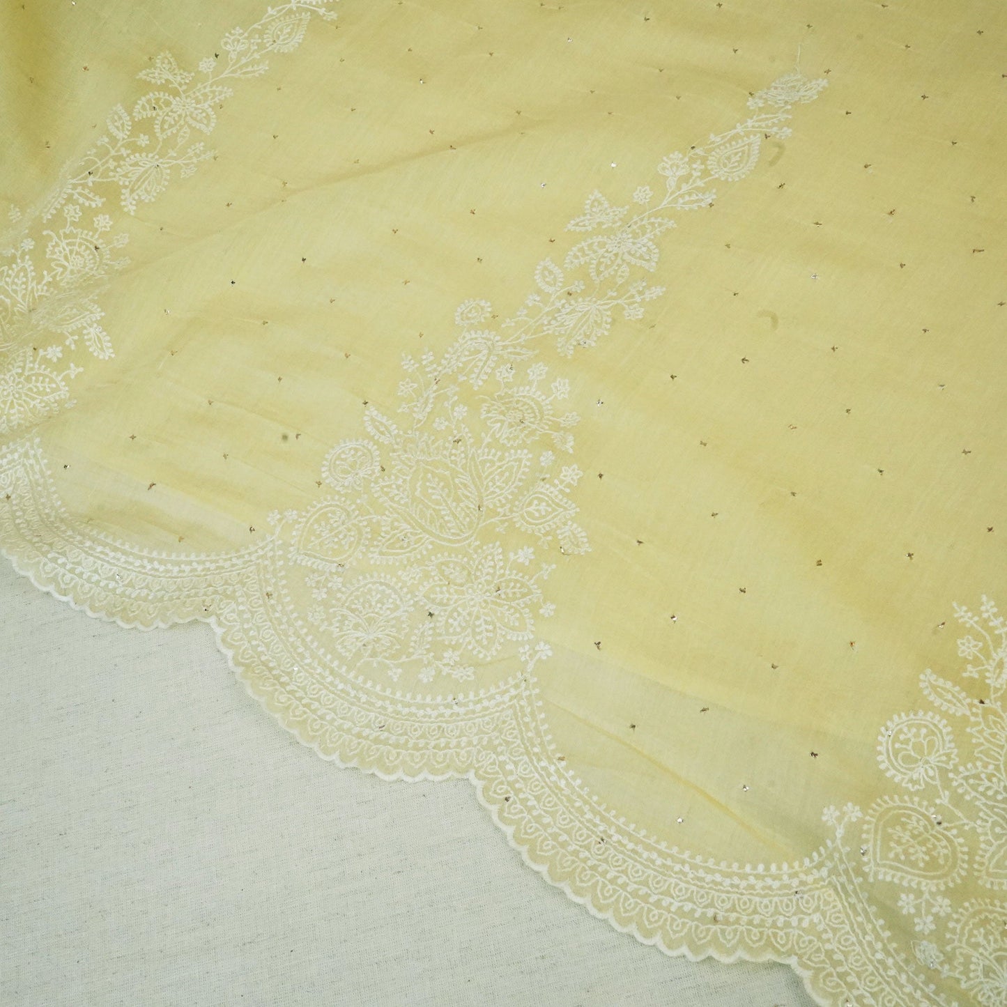 Light Yellow Mukaish Work Thread Embroidery Chanderi Fabric SNS-24654