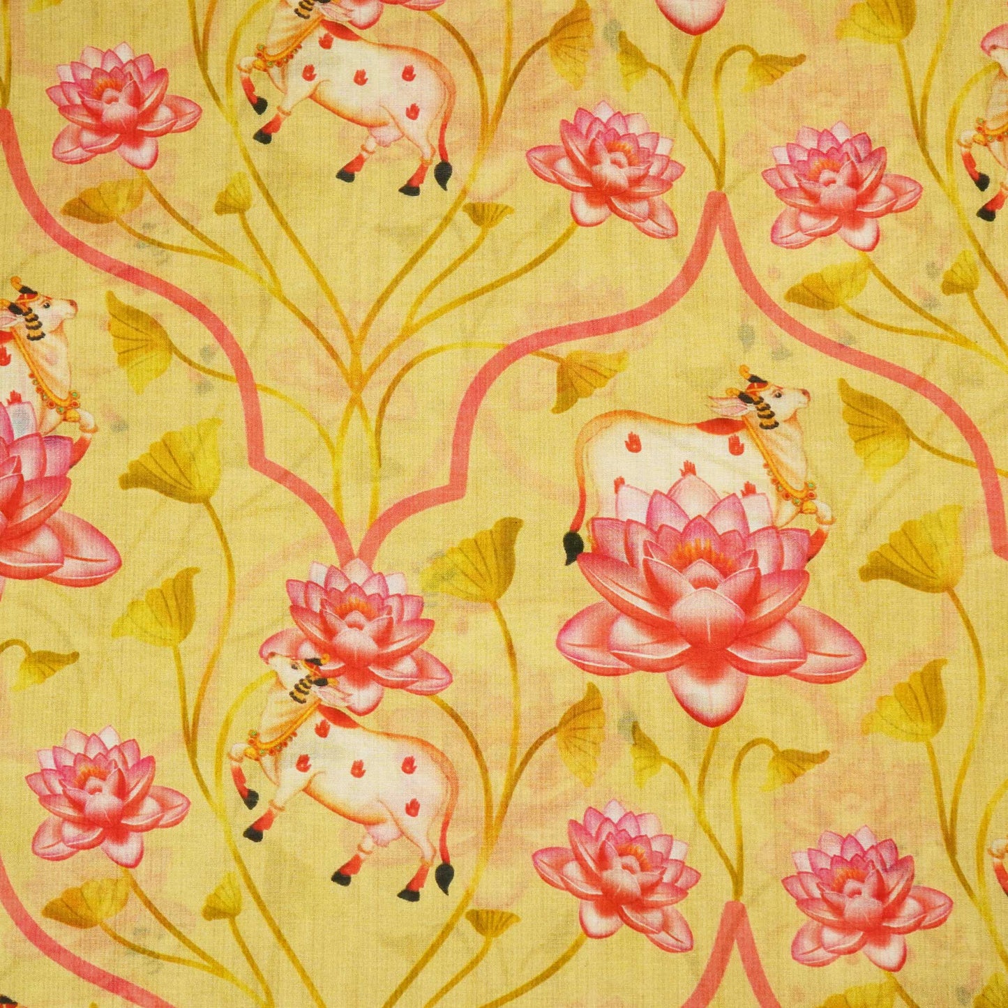 Green & Yellow Pichwai Print Chanderi Fabric GT-25341