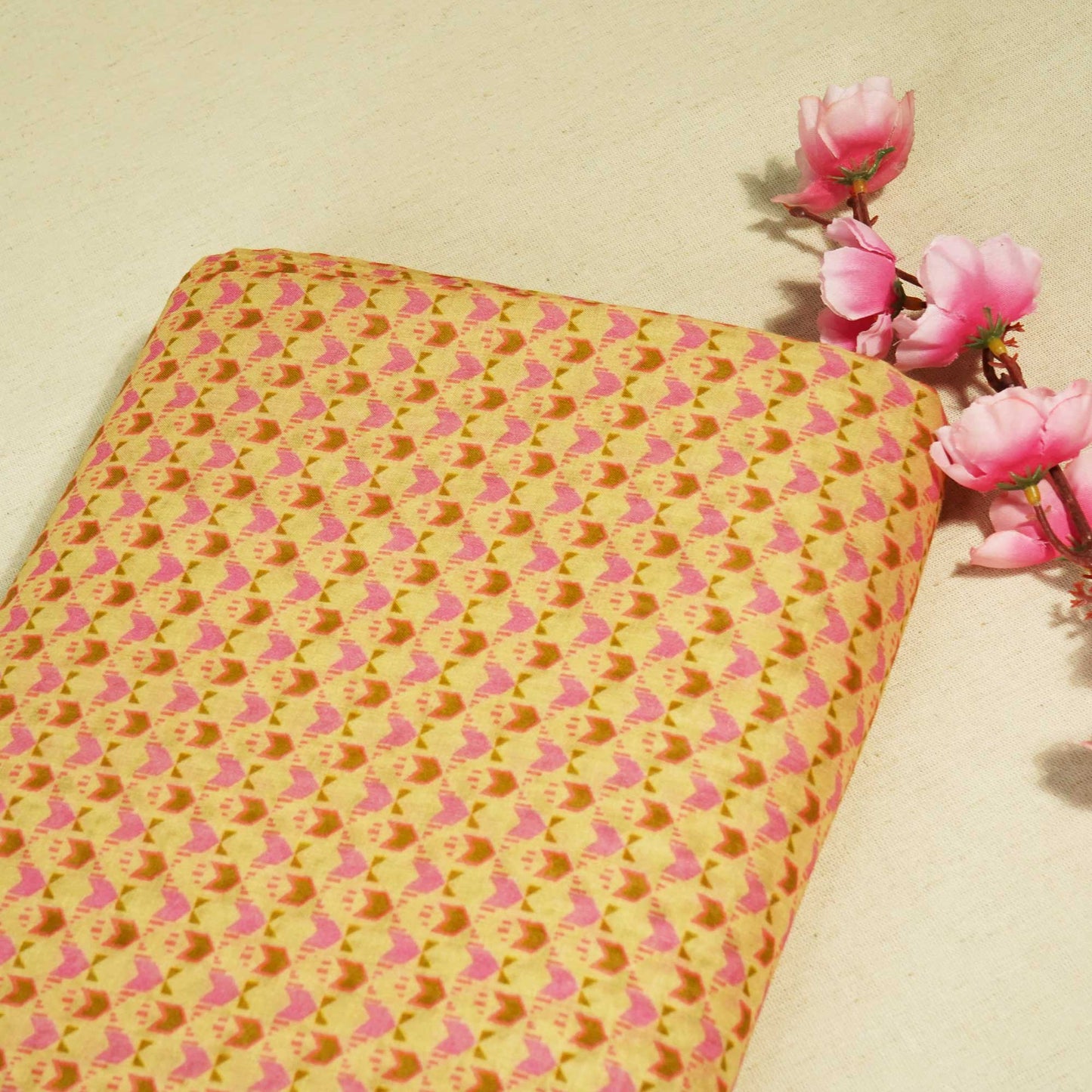 Orange & Pink Geometrical Print Chanderi Fabric GT-25343