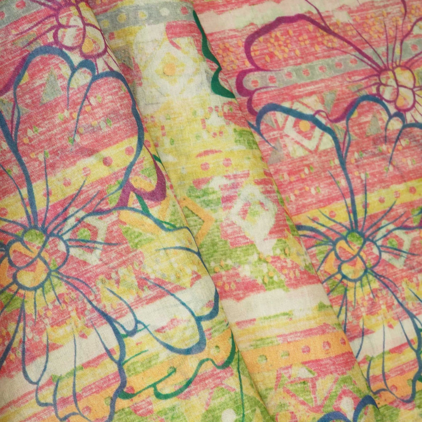 Pink & Multicolor Floral Print Chanderi Fabric GT-25344