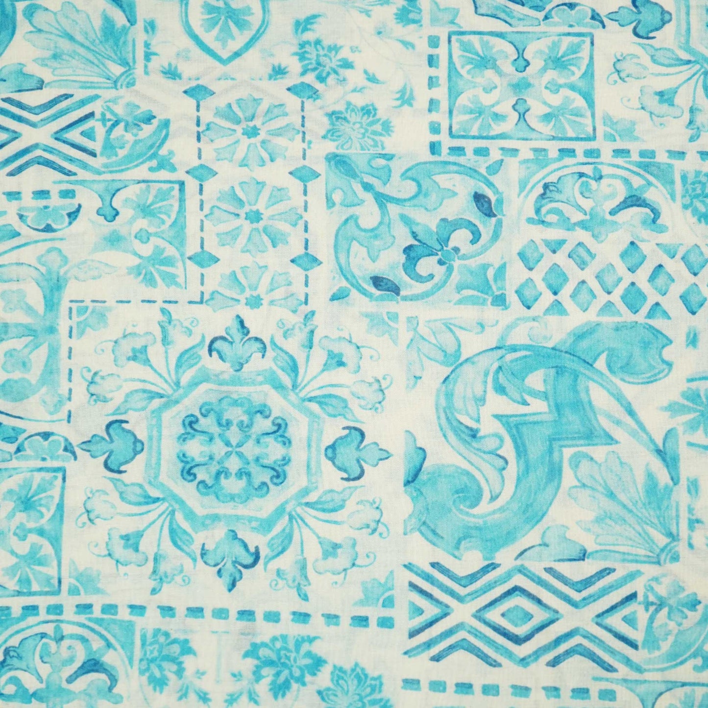 White & Blue Floral Patch Print Chanderi Fabric GT-25348