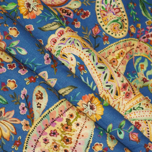 Navy Blue Paisley Print Linen Fabric RM-25360