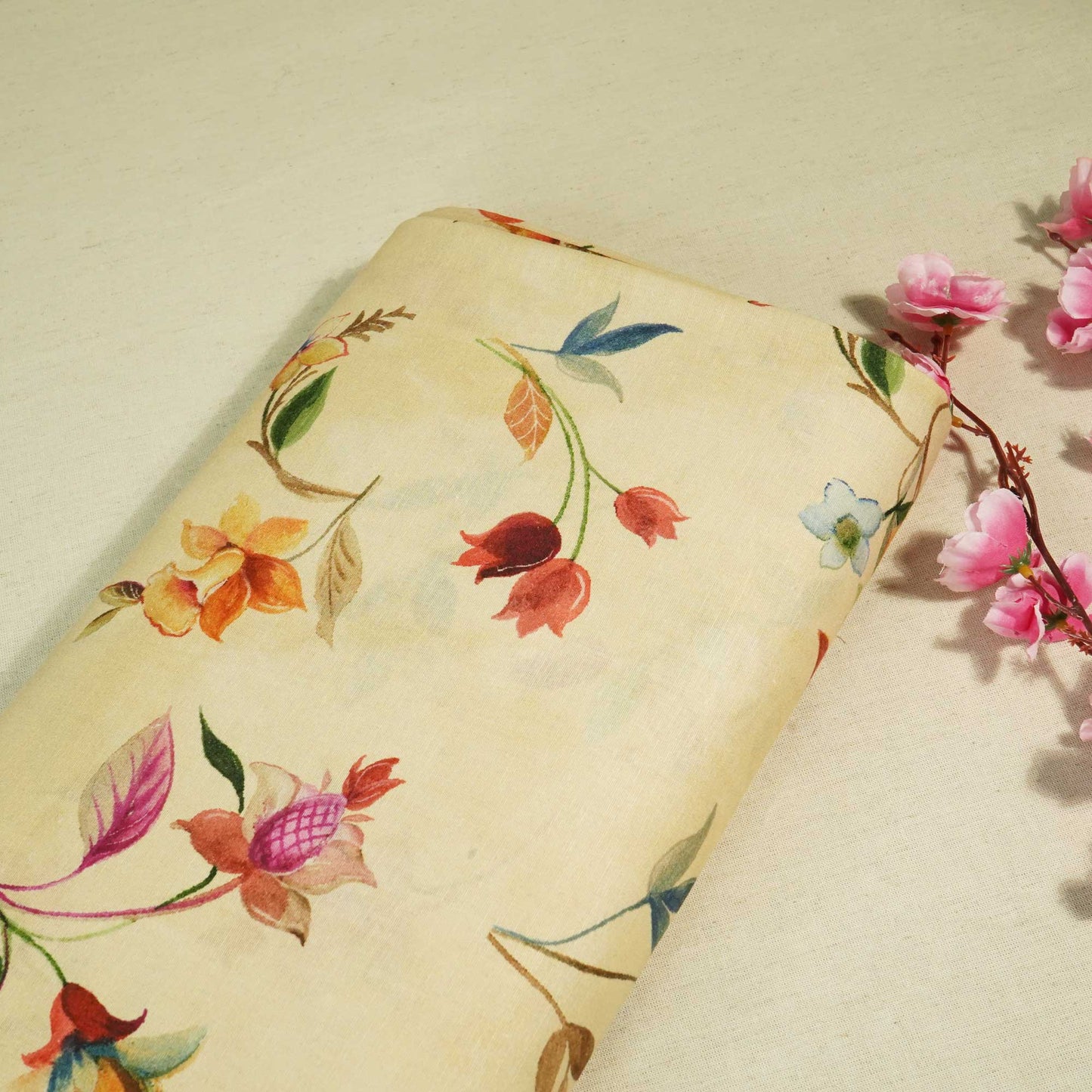 Beige Floral Print Linen Fabric RM-25363