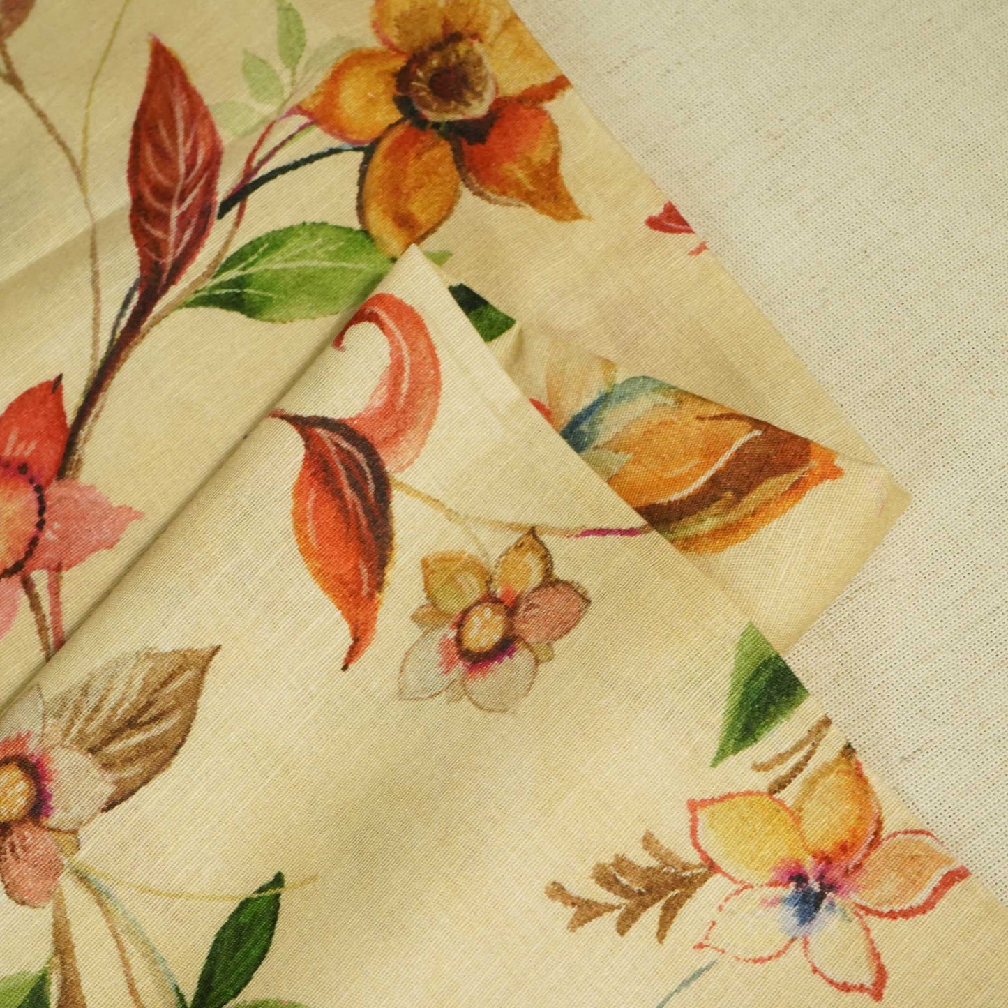 Beige Floral Print Linen Fabric RM-25363