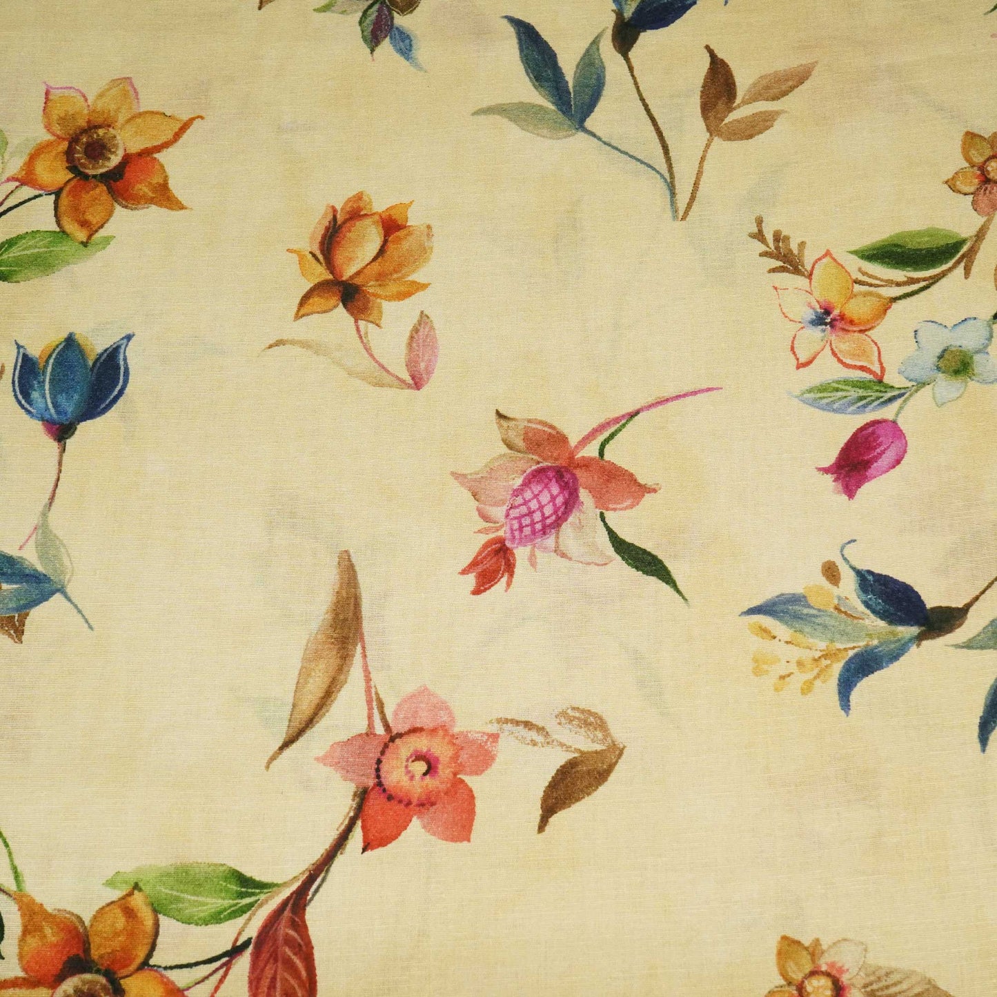Beige Floral Print Linen Fabric RM-25363