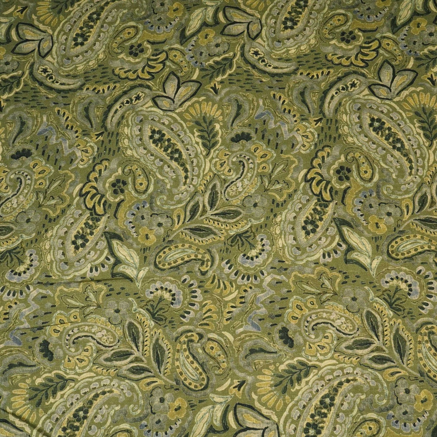Grey & Green Paisley Print Linen Fabric RM-25365