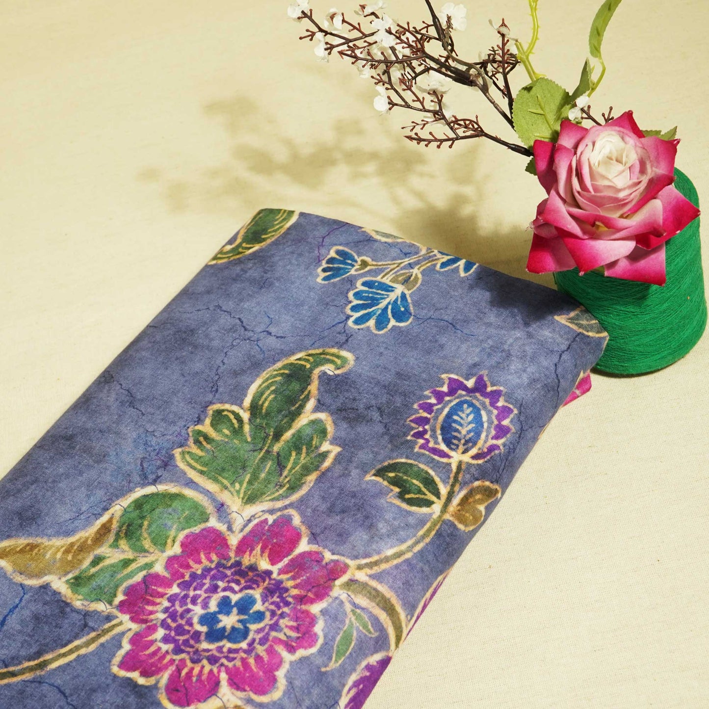 Blue Floral Print Cotton Mulmul Fabric GT-25408