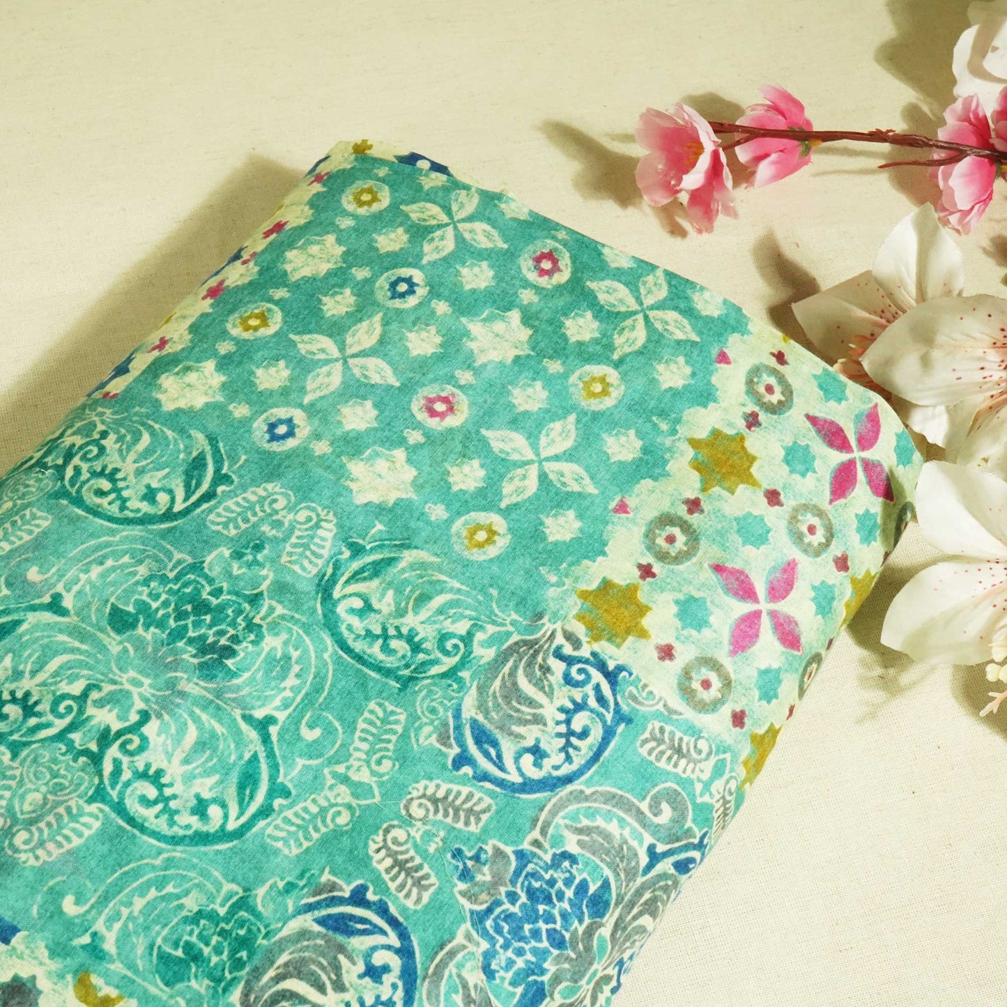 Sea Green Floral Block Print Cotton Mulmul Fabric GT-25413