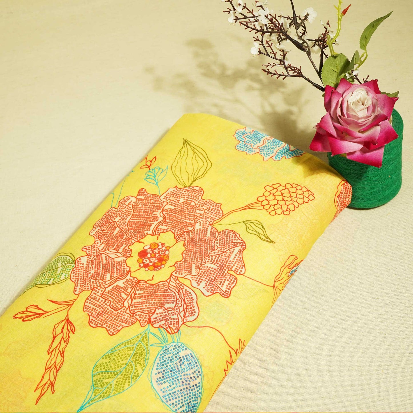 Yellow Floral Print Cotton Mulmul Fabric GT-25422