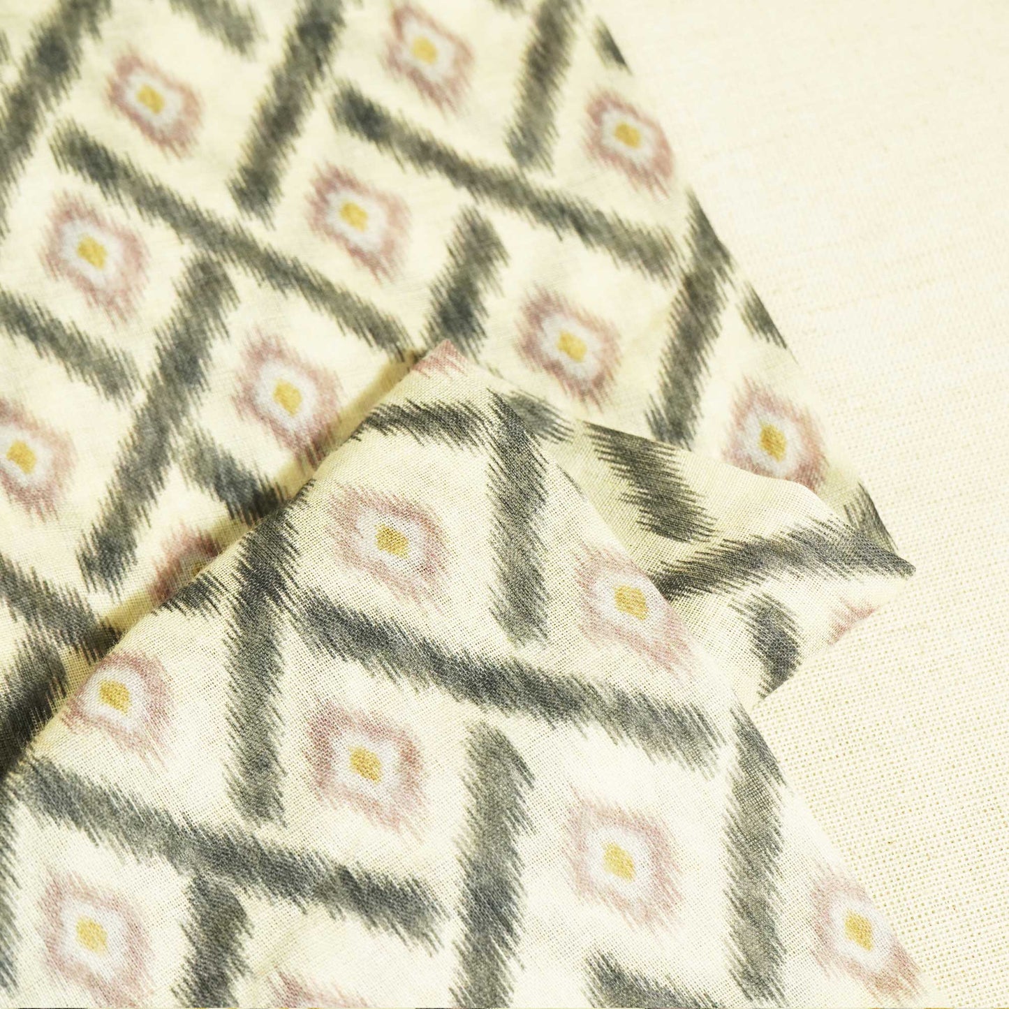 Cream and Geometrical Ikkat Print Cotton Mulmul Fabric GT-25436