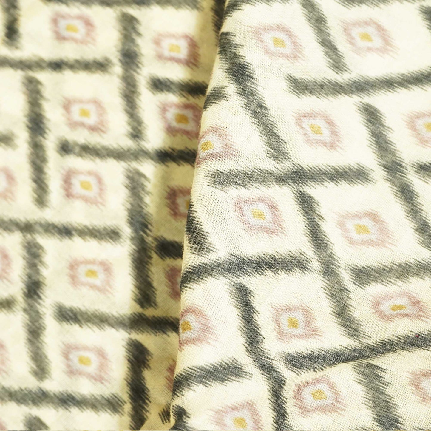 Cream and Geometrical Ikkat Print Cotton Mulmul Fabric GT-25436
