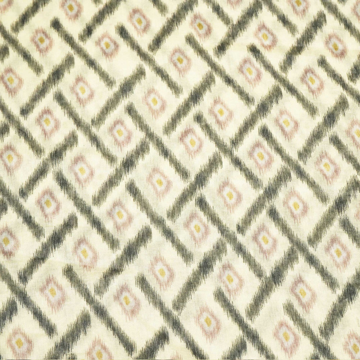 Cream and Geometrical Ikkat Print Cotton Mulmul Fabric GT-25436