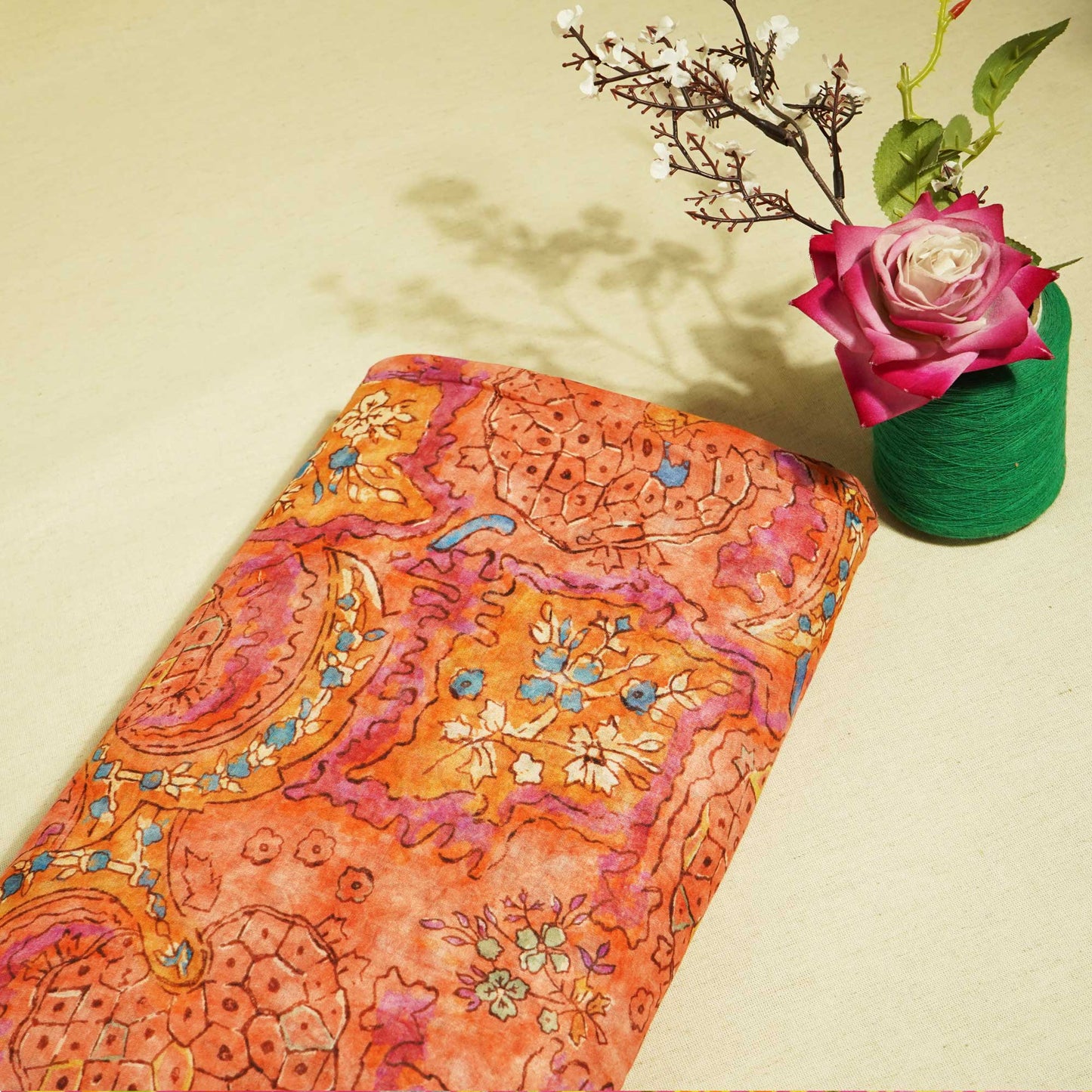 Orange & Multicolor Floral Print Cotton Mulmul Fabric GT-25439
