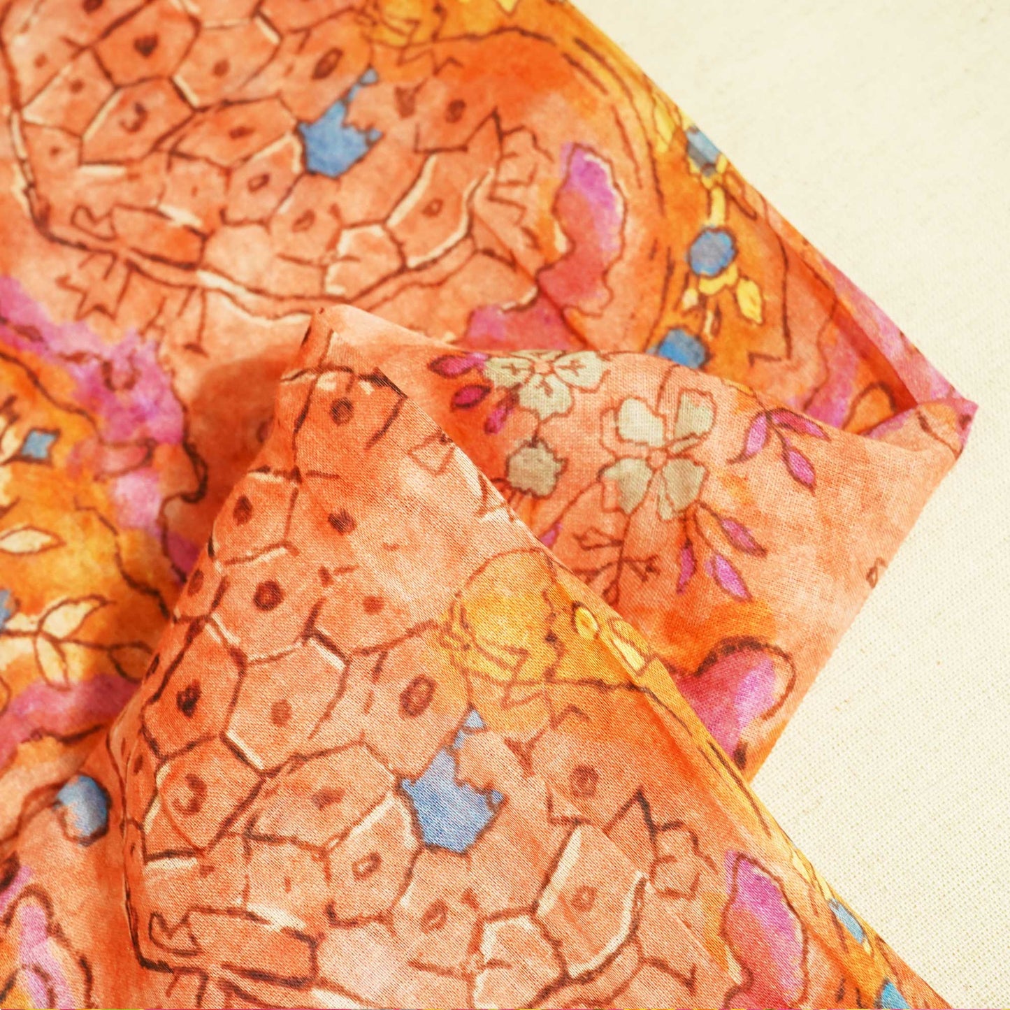 Orange & Multicolor Floral Print Cotton Mulmul Fabric GT-25439