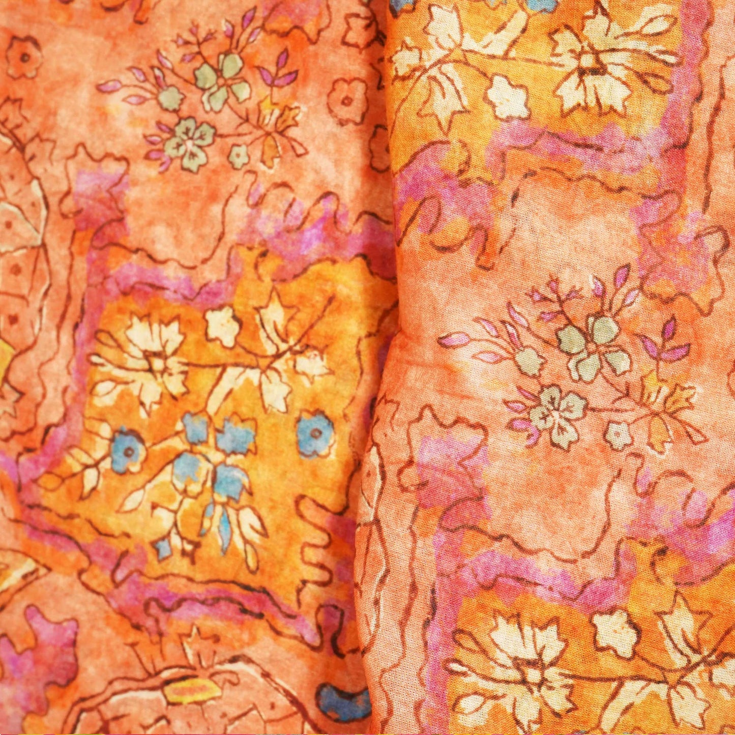 Orange & Multicolor Floral Print Cotton Mulmul Fabric GT-25439