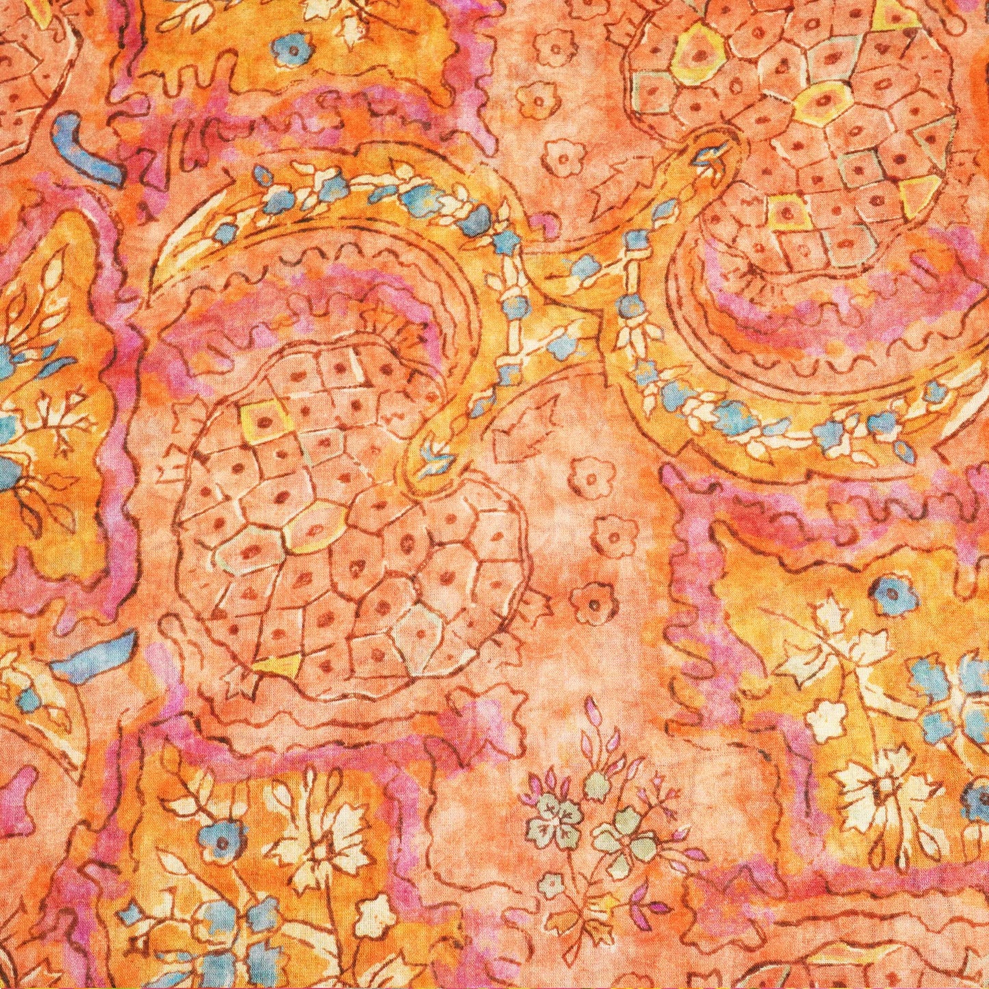 Orange & Multicolor Floral Print Cotton Mulmul Fabric GT-25439