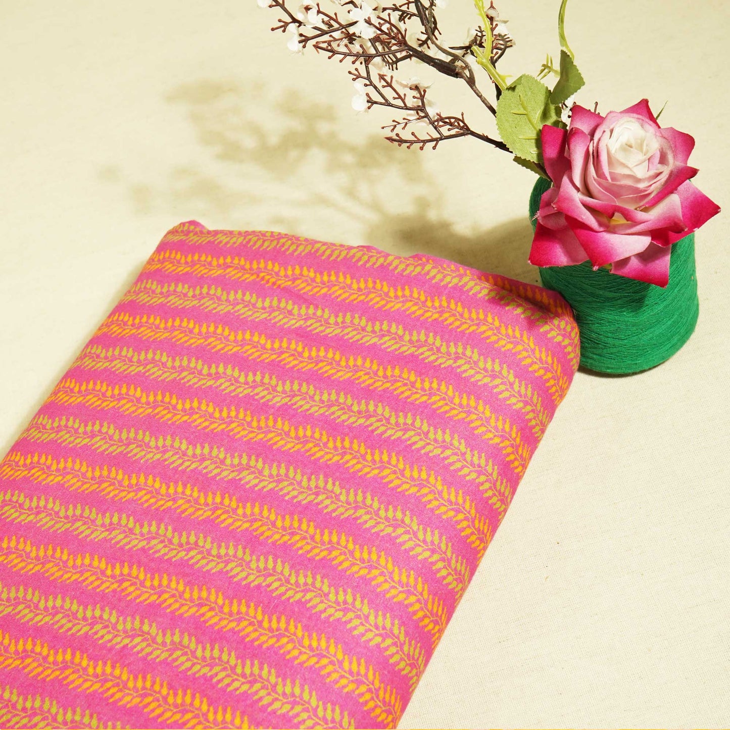 Magenta & Orange Floral Print Cotton Mulmul Fabric GT-25441